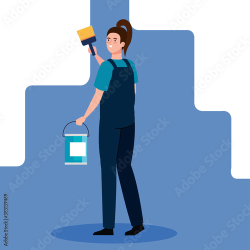 woman cartoon painting with brush and bucket design of remodeling construction working and repairing theme Vector illustration