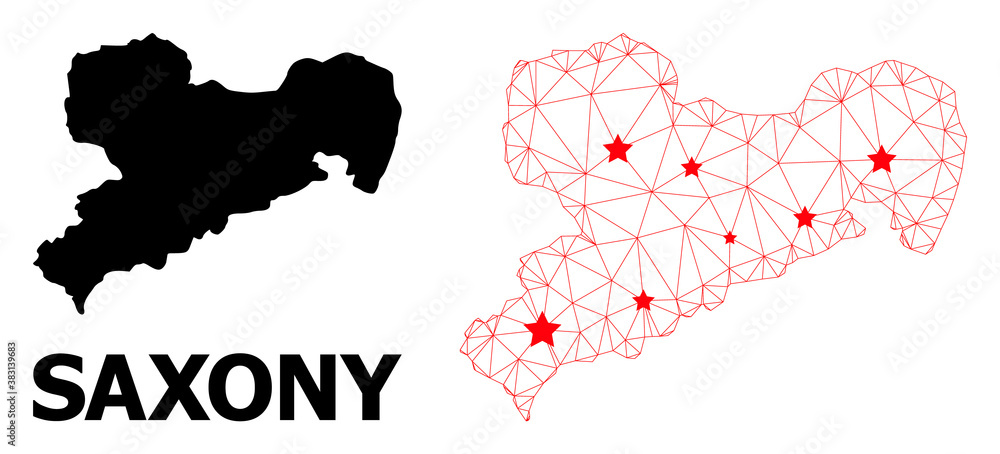Network polygonal and solid map of Saxony State. Vector model is created from map of Saxony State with red stars. Abstract lines and stars form map of Saxony State.