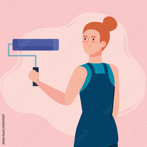woman cartoon painting with roll design of remodeling construction working and repairing theme Vector illustration