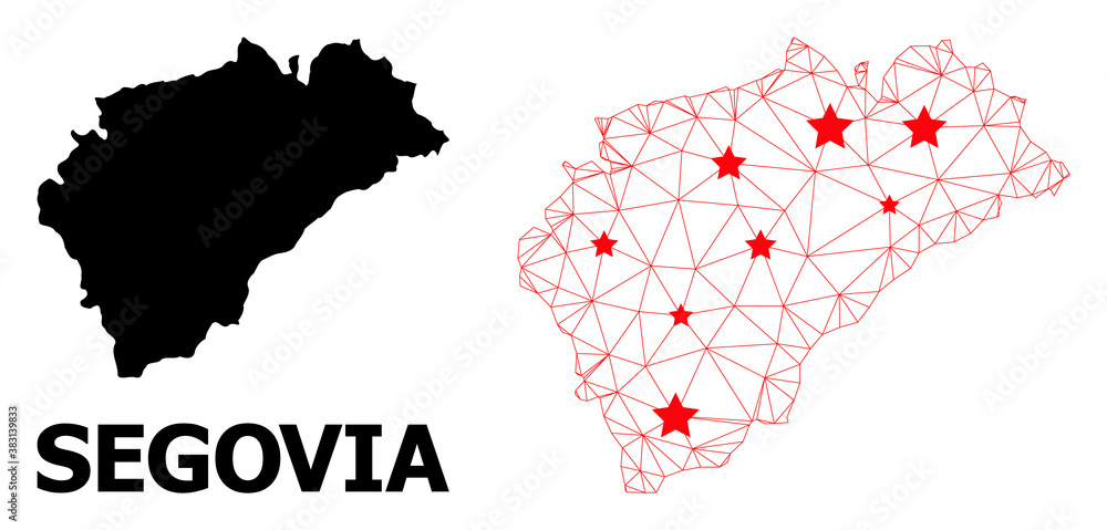 Obraz premium Wire frame polygonal and solid map of Segovia Province. Vector model is created from map of Segovia Province with red stars. Abstract lines and stars form map of Segovia Province.