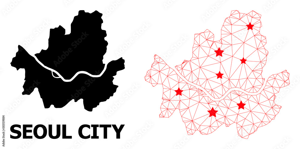 Fototapeta premium Carcass polygonal and solid map of Seoul Municipality. Vector structure is created from map of Seoul Municipality with red stars. Abstract lines and stars are combined into map of Seoul Municipality.