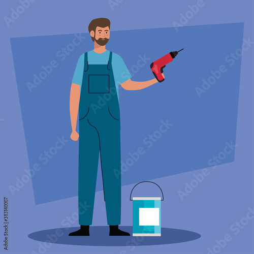 man cartoon with construction drill and paint bucket design of remodeling working and repairing theme Vector illustration