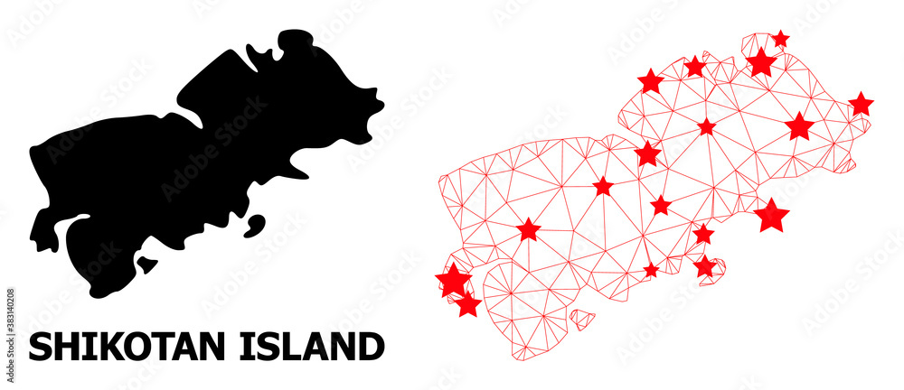 Obraz premium Carcass polygonal and solid map of Shikotan Island. Vector model is created from map of Shikotan Island with red stars. Abstract lines and stars form map of Shikotan Island.