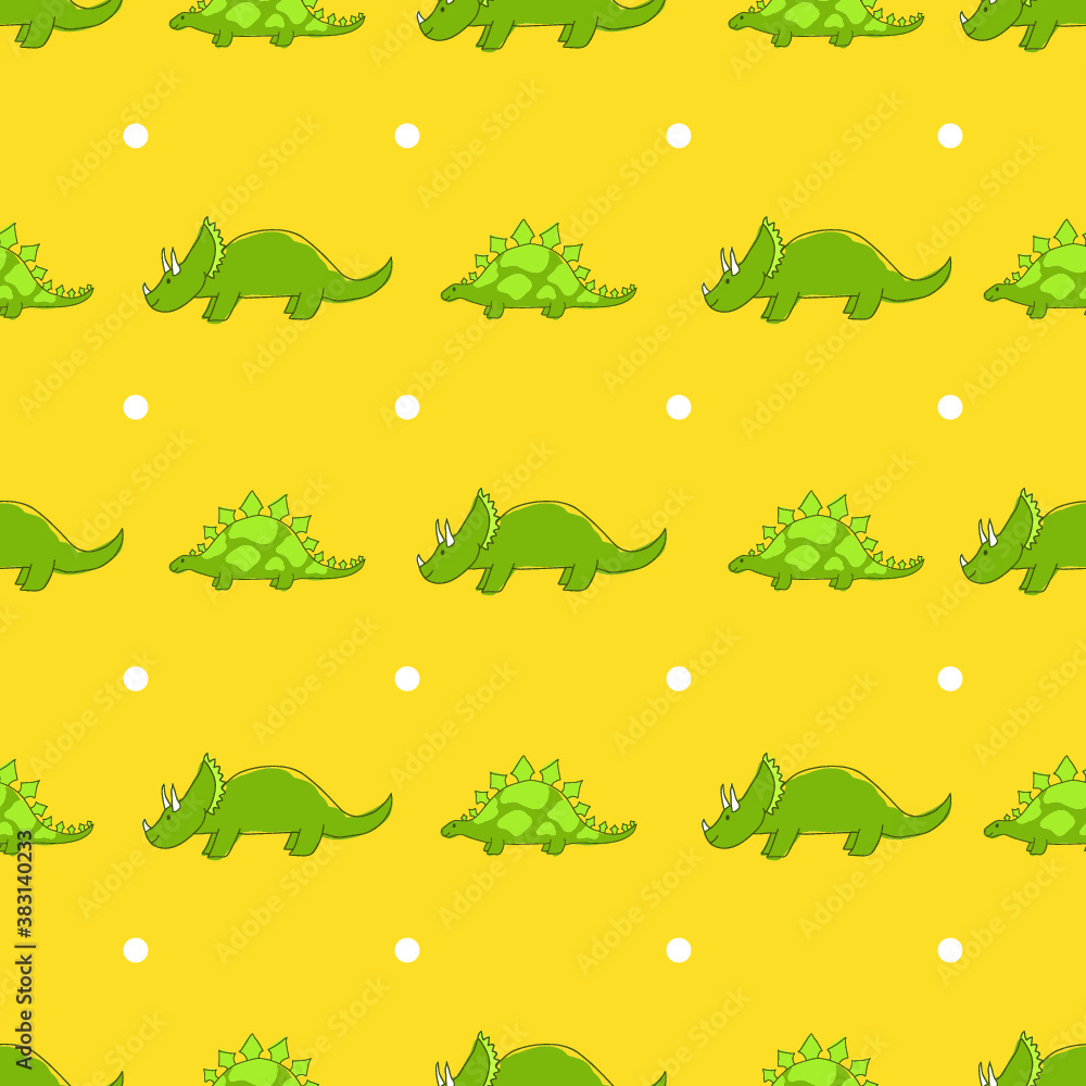 Obraz premium Cute dinosaurs on yellow and white dotted background