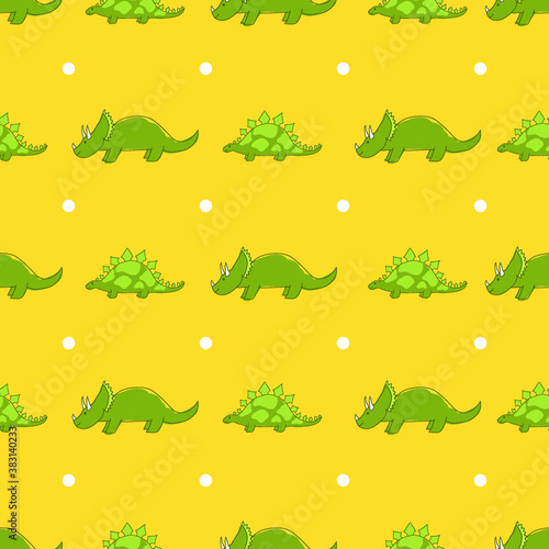 Cute dinosaurs on yellow and white dotted background