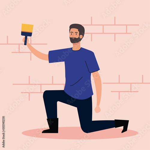 man cartoon painting with brush design of remodeling construction working and repairing theme Vector illustration