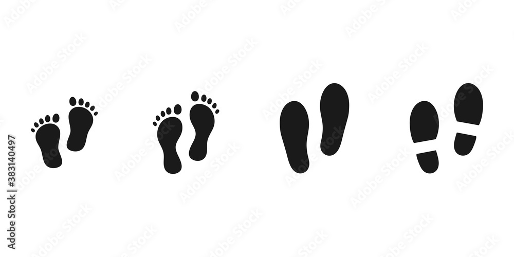 Human footprints, footsteps isolated on white background. Boots trail. Baby and adult person feet. Human footprints, footsteps isolated on white background. Boots trail. Baby and adult person feet.