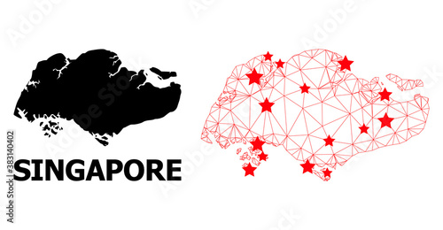 Wire frame polygonal and solid map of Singapore. Vector model is created from map of Singapore with red stars. Abstract lines and stars are combined into map of Singapore.