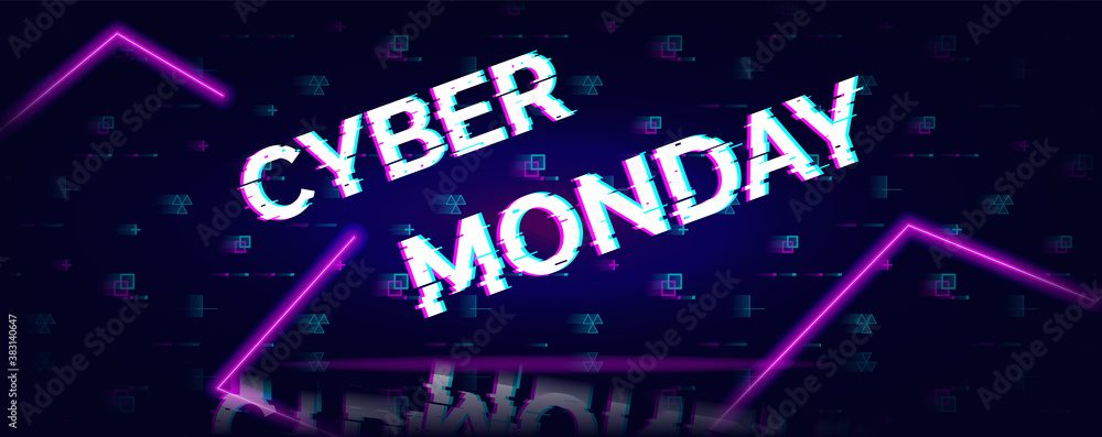 Cyber monday sale glitch neon symbol on abstract futuristic background with lines and pixels. vector illustration.