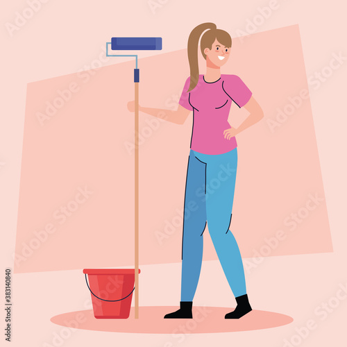 woman cartoon painting with roll and bucket design of remodeling construction working and repairing theme Vector illustration