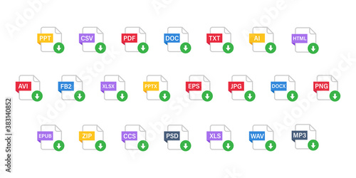 Different file format download icons. 22 download buttons for web site or app.
