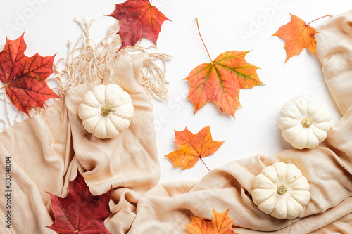 Autumn composition. Beige scarf  pumpkins  dry leaves on white background. Flat lay  top view. Autumn fashion  hygge  nordic style  concept