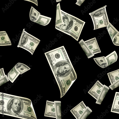 Dollar seamless money background. One hundred dollars of America. Usd cash money isolated on black.