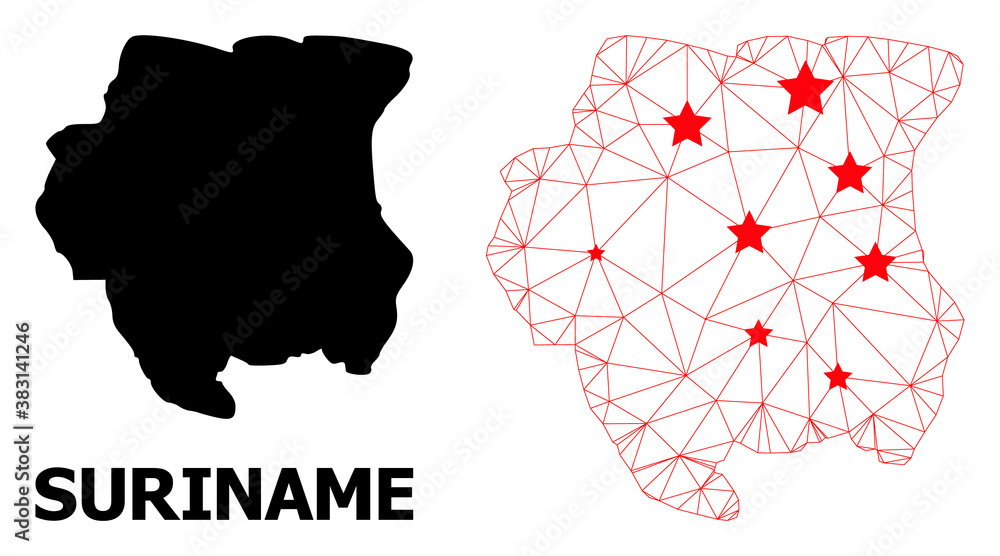 2D polygonal and solid map of Suriname. Vector structure is created from map of Suriname with red stars. Abstract lines and stars form map of Suriname. Linear frame 2D polygonal mesh in vector format.