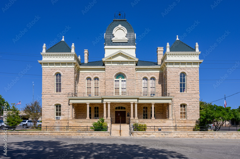 Town Square and Historic Crockett County Courthouse built in 1902. Ozona City in Crockett County in West Texas, United States