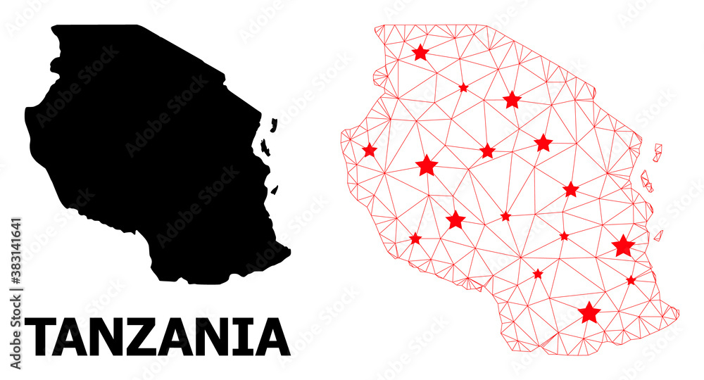 Carcass polygonal and solid map of Tanzania. Vector model is created from map of Tanzania with red stars. Abstract lines and stars are combined into map of Tanzania.
