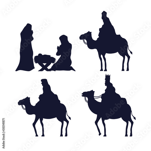 merry christmas and nativity icon set silhouettes design, winter season and decoration theme Vector illustration