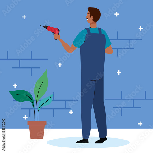 man cartoon with construction drill design of remodeling working and repairing theme Vector illustration