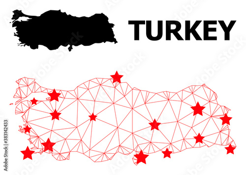 Wire frame polygonal and solid map of Turkey. Vector structure is created from map of Turkey with red stars. Abstract lines and stars form map of Turkey.