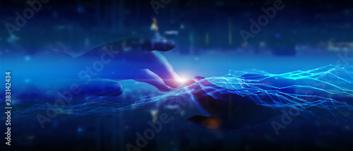 Fototapeta Naklejka Na Ścianę i Meble -  Hand touch connects business disruption partners handshake with world globe cityscape abstract view and futuristic network 5G connection blockchain leadership technology innovation digital transform  