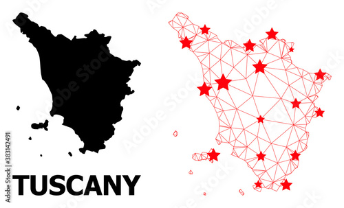 Network polygonal and solid map of Tuscany region. Vector model is created from map of Tuscany region with red stars. Abstract lines and stars form map of Tuscany region.