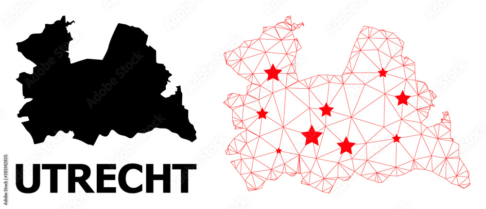 Wire frame polygonal and solid map of Utrecht Province. Vector model is created from map of Utrecht Province with red stars. Abstract lines and stars form map of Utrecht Province.