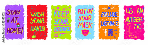 Use antiseptic and wash your hands, healthy distance, stay at home and wear a mask set of posters with healthy rules in times of pandemics and panic. Vector isolated on a white background