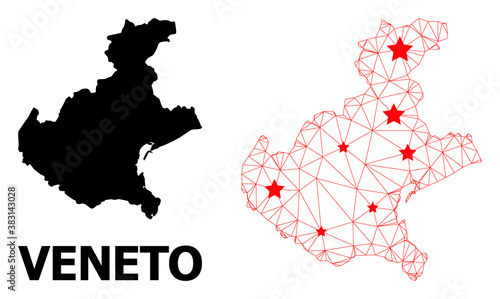 Wire frame polygonal and solid map of Veneto region. Vector structure is created from map of Veneto region with red stars. Abstract lines and stars are combined into map of Veneto region.