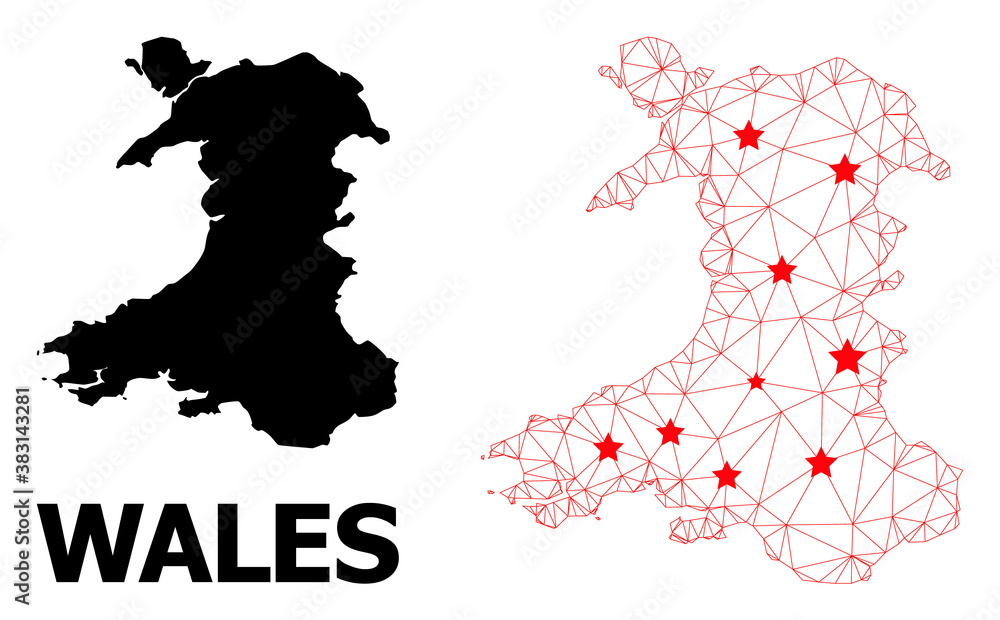 Wire frame polygonal and solid map of Wales. Vector structure is created from map of Wales with red stars. Abstract lines and stars form map of Wales.