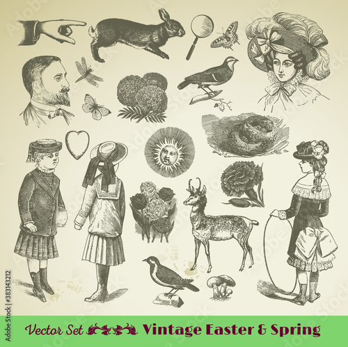 Set of vintage retro children and people illustrations