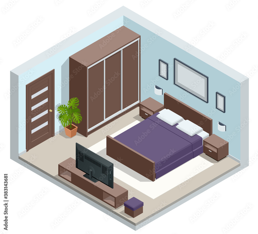 Isometric Minimalist Bedroom Interior with Double Bed. Urban Contemporary Modern Scandinavian Bedroom Interior Design. Isometric Minimalist Bedroom Interior with Double Bed. Urban Contemporary Modern Scandinavian Bedroom Interior Design.