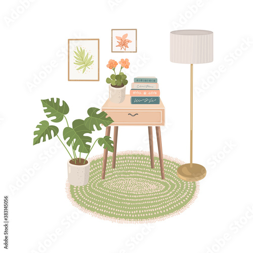 Living room interior vector illustration - table, house plants, rug, floor lamp, books, pictures on the wall