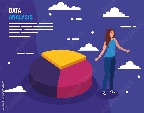 Data analysis cake chart and woman design, information theme Vector illustration