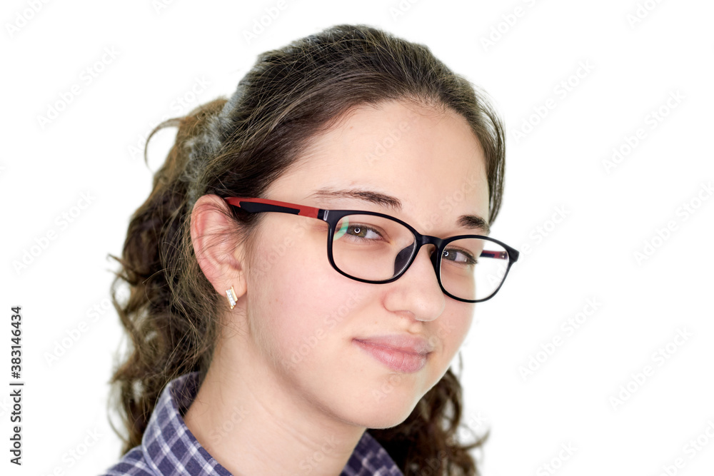 young girl in a shirt on a white background, difficult choice of profession