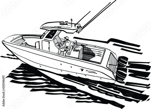 the vector illustration of the fishing  boat on the sea