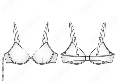 Basic T-shirt Bra technical illustration. Editable underwear flat sketch