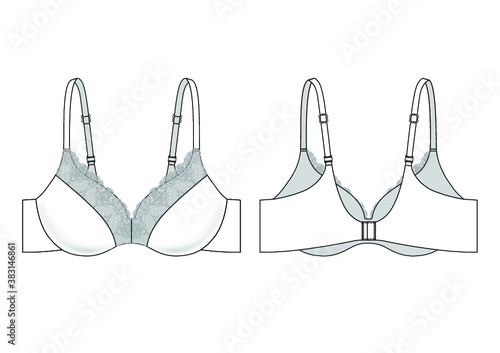 Lace Bra technical illustration. Editable underwear flat sketch
