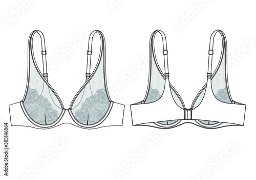Lace Cup Bra technical illustration. Editable lingerie flat sketch white