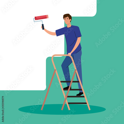 man cartoon painting with roll on ladder design of remodeling construction working and repairing theme Vector illustration