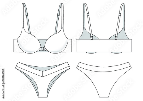 Underwear set technical illustration. Editable bra and cheeky panty flat sketch