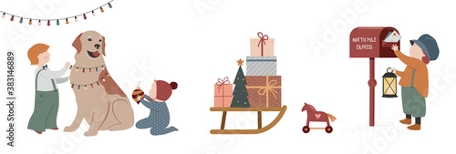 Vintage style cute Scandinavian winter kids. Children and babies wearing fashion bohemian clothes. Retro style vector illustrations. Fashion concept