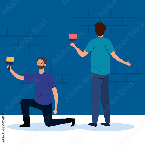 men cartoons painting with brush design of remodeling construction working and repairing theme Vector illustration