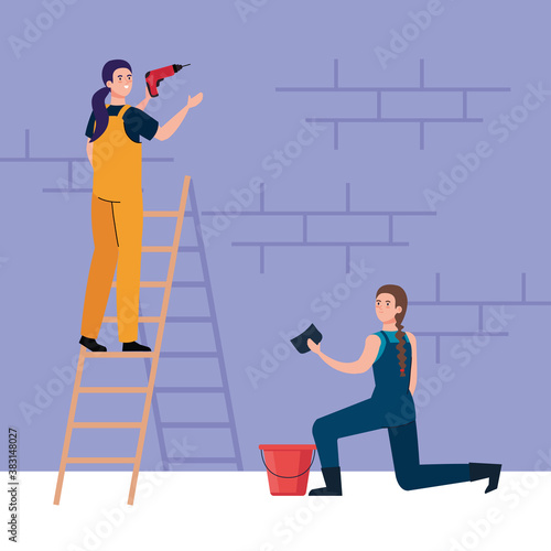 women cartoons with construction drill sponge and bucket on ladder design of remodeling working and repairing theme Vector illustration