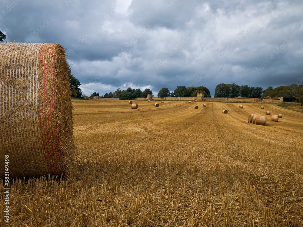 York, Northern Yorkshire - September 5 2020: A field with straw bales after harvest with clouds in the countryside