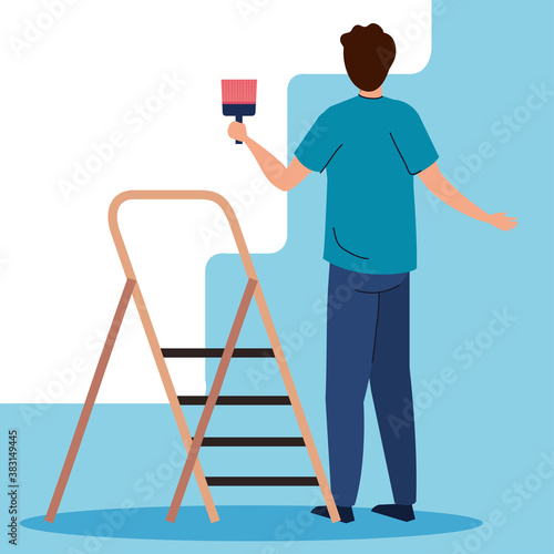 man cartoon painting with brush and ladder design of remodeling construction working and repairing theme Vector illustration