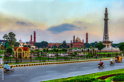 badshahi masjid  and minar e pakistan at lahore ,  Mughals mosque or royal mosque in Lahore , Pakistan 