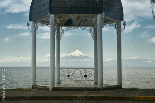 Frutillar Jetty view and town at Llanquihue lake and Osorno Volcano. Puerto Varas, Chile, South America.