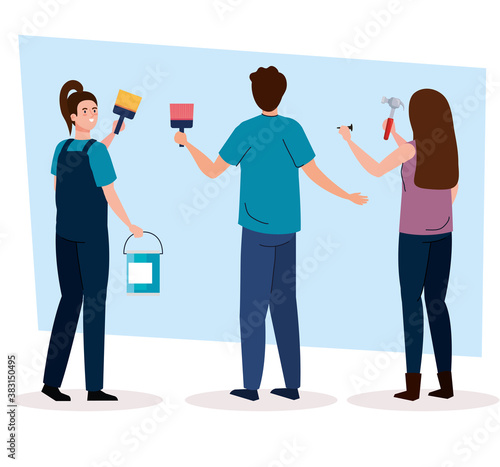 man and women with construction hammer and paint brush and bucket design of remodeling working and repairing theme Vector illustration