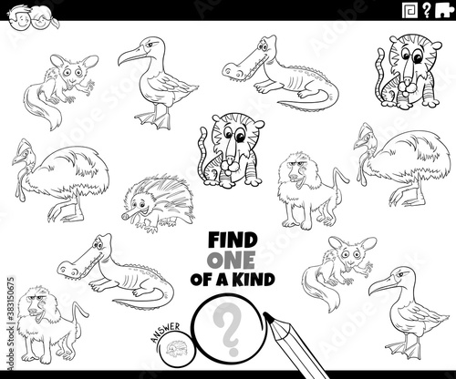one of a kind task with wild animals coloring book page