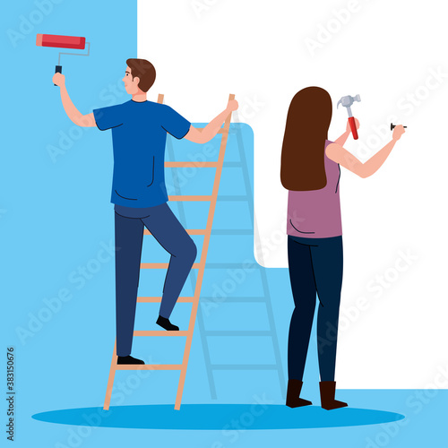 woman and man with construction hammer and paint roll design of remodeling working and repairing theme Vector illustration
